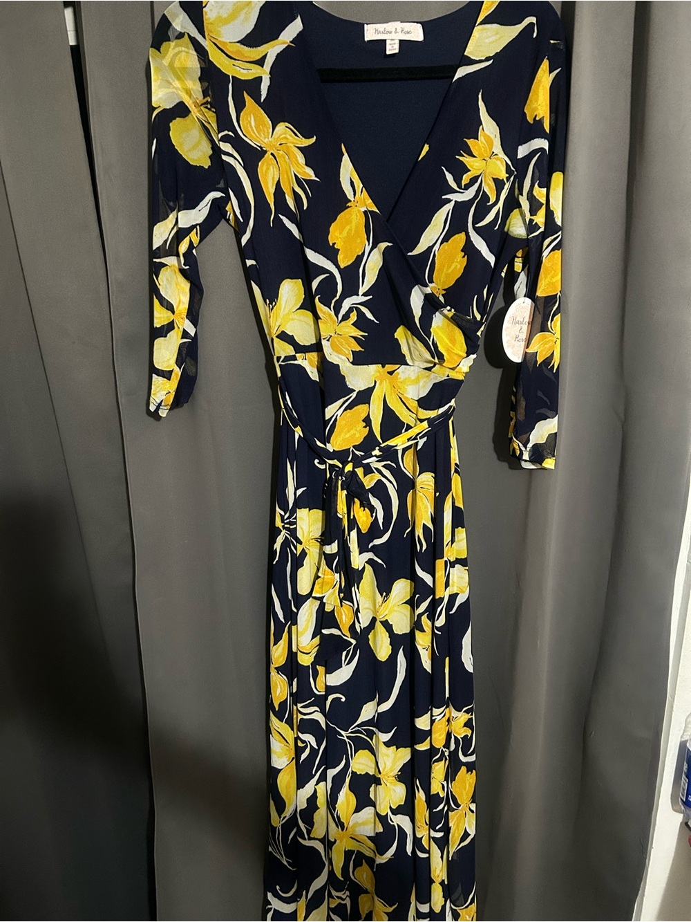 Nicole Miller Navy and Yellow Floral Wrap Maxi Dress